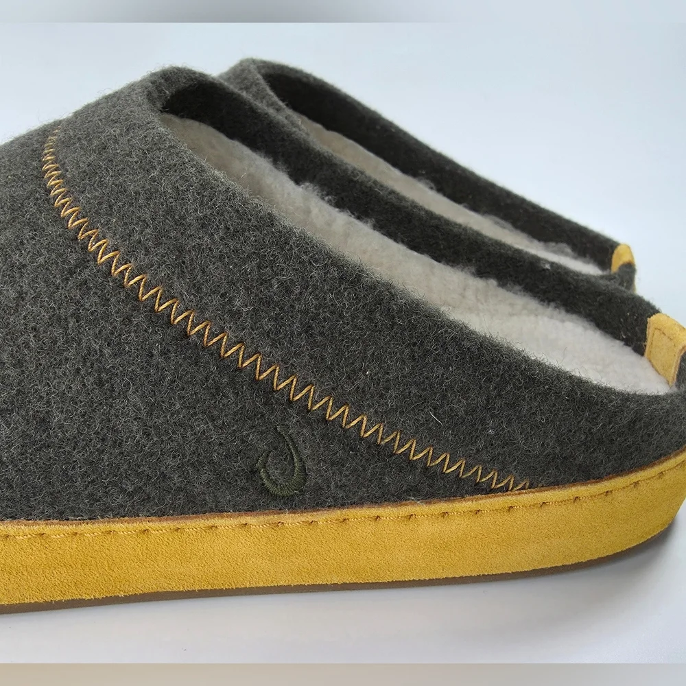 New Olukai Hamani Hulu Men's Wool Mule Slipper in Dusty Olive / Mustard Size 11